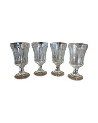 4 Vintage Indiana Glass Recollection Clear Water Goblets Stemmed Floral 6.5″