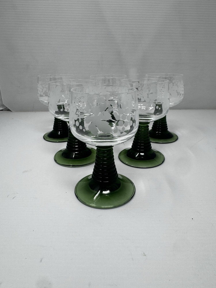 Vintage Grape & Vine Etched Crystal Wine Goblets With Green Stems