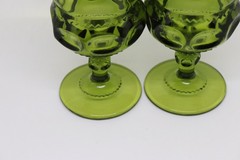 Vintage Indiana Glass Kings Crown Avocado Green Thumbprint Goblets Set of 2 6″