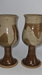 2 Studio Art POTTERY Handmade Stoneware Wine Glass GOBLET Tulip Shape Lt Tan