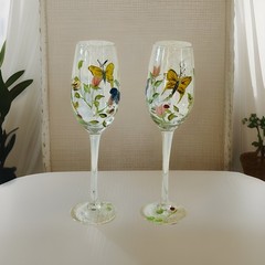 Set Of 2 Butterfly Meadows Wine Glass, Hand Painted Champagne Glasses