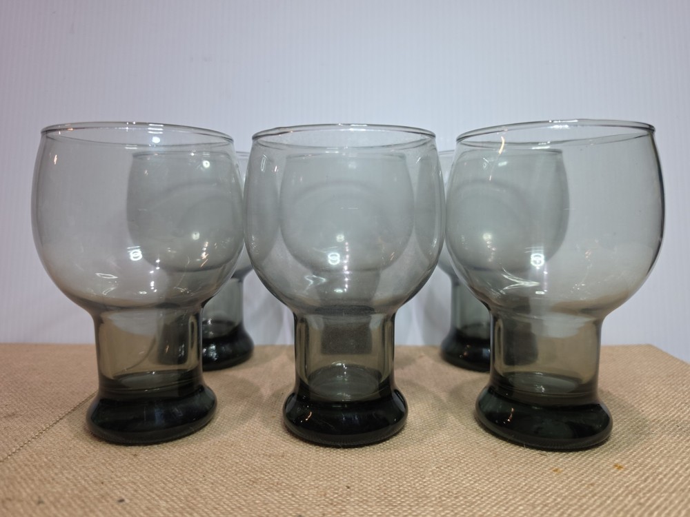 Set of 6 Vintage Libbey STAX SMOKE Gray Pedestal Glasses Goblets Retro Barware