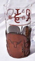 Libbey – BAMCO – MCM – WESTERN BRANDING DECALS – GLASS w/LEATHER HOLDER