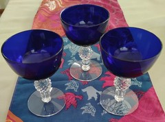 3 Morgantown Glass RITZ BLUE Golf Ball 3.5 ounce Vintage Cocktail, Wine 4 1/16″