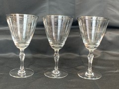 3 – FOSTORIA Engagement Pattern Silver Rim Water Wine Glasses Marked. 7” Tall