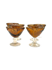 Vintage Art Glass Amber Etched Floral & Leaf Berry Dessert Dish Martini Glass