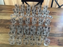 MCM Libbey Frosted Silver Leaf Glasses…1950s, 7 Separate Sizes Of 6 Glasses Each