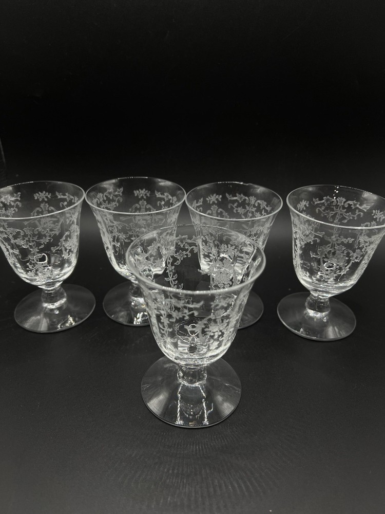 Set of 5 Fostoria Navarre Etched Crystal Cordial Footed Thumbler Unmarked
