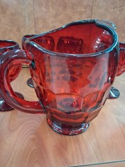 7 piece VIKING GLASS RUBY RED GEORGIAN PITCHER AND 6 GLASS SET.