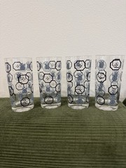 Vtg Retro Blue And White Geometric & Tulip Pattern Glasses 5.75” Set Of 4