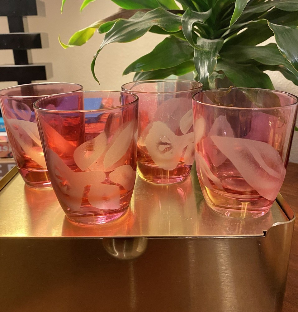 VTG Cranberry Glass Cocktail Juice Glasses with Etched Flower Leaf Set of 4 3”