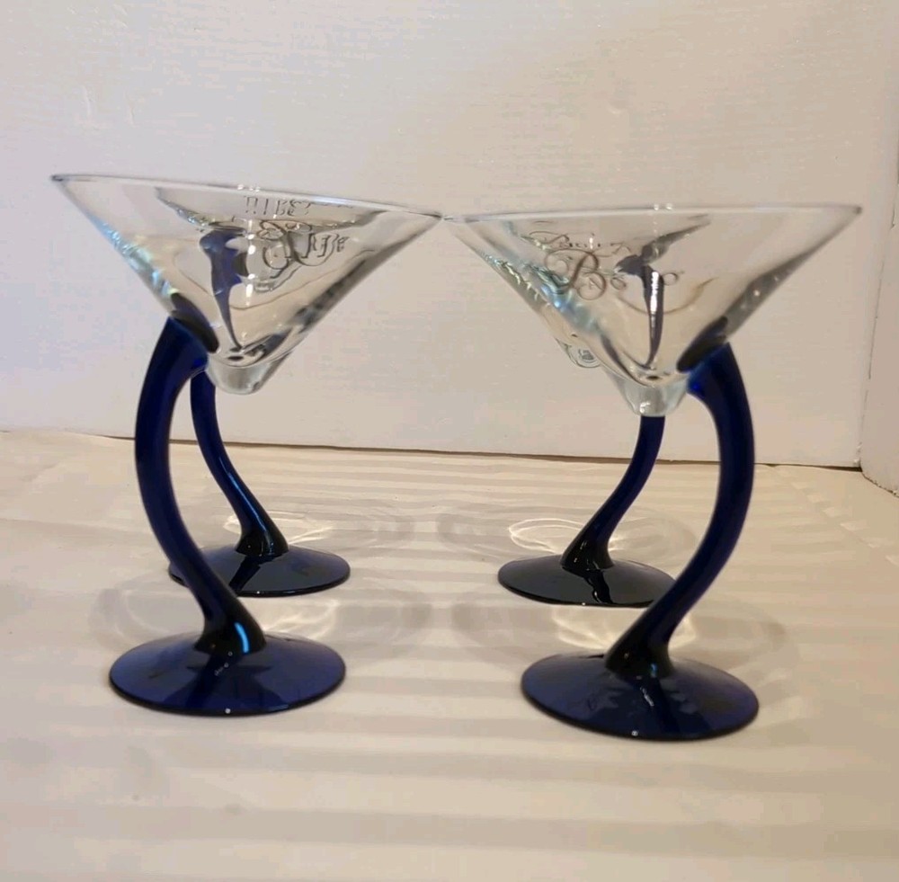 Bellagio Martini Glasses| Cobalt Blue| Curved Stem| Barware| Souvenir| Set Of 4