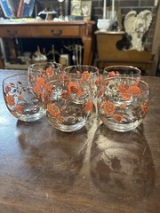 Vintage Federal Glass roly poly tumblers with red rose and gold trim.