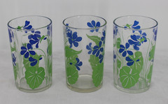 Vtg Violet Floral Tumbler Glasses Set Of 3 Blue Green Flowers Decor Drinkware