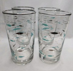 VTG Libbey Mediterranean Atomic Fish Motif Tumblers Set Of 4 MCM Retro 4 5/8″