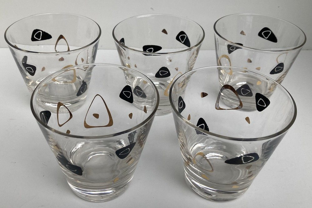 5 Federal Atomic Boomerang Amoeba Black & Gold Cocktail Bar Glasses