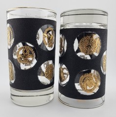 Libbey Black Textured Gold Coins Of The World Tumblers 22k Gold Vintage Set Of2