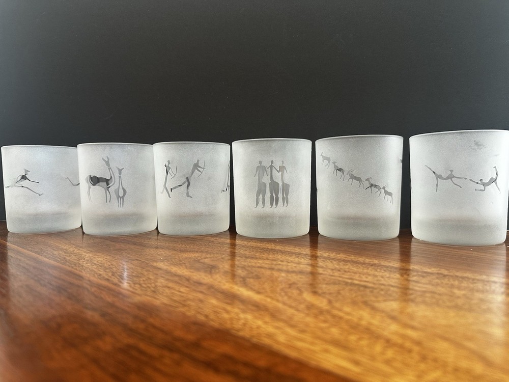 Frosted/Etched Scottish Highland Petroglyph Low-Ball Whiskey Glasses Set Of 6