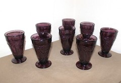 Vtg Tiara Indiana Glass SWEET PEAR Avocado Amethyst Pitcher & 8 Tumbler Glasses