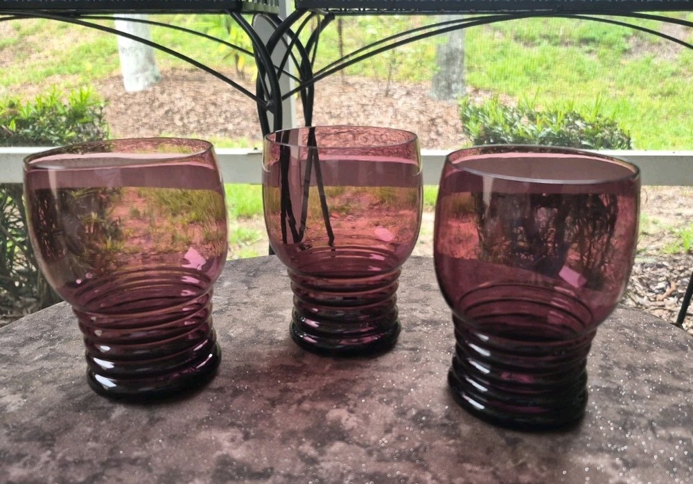 Set 3 Morgantown Amethyst 1960s MCM Tumblers Cordial Glasses 4 3/8″ Ribbed Base