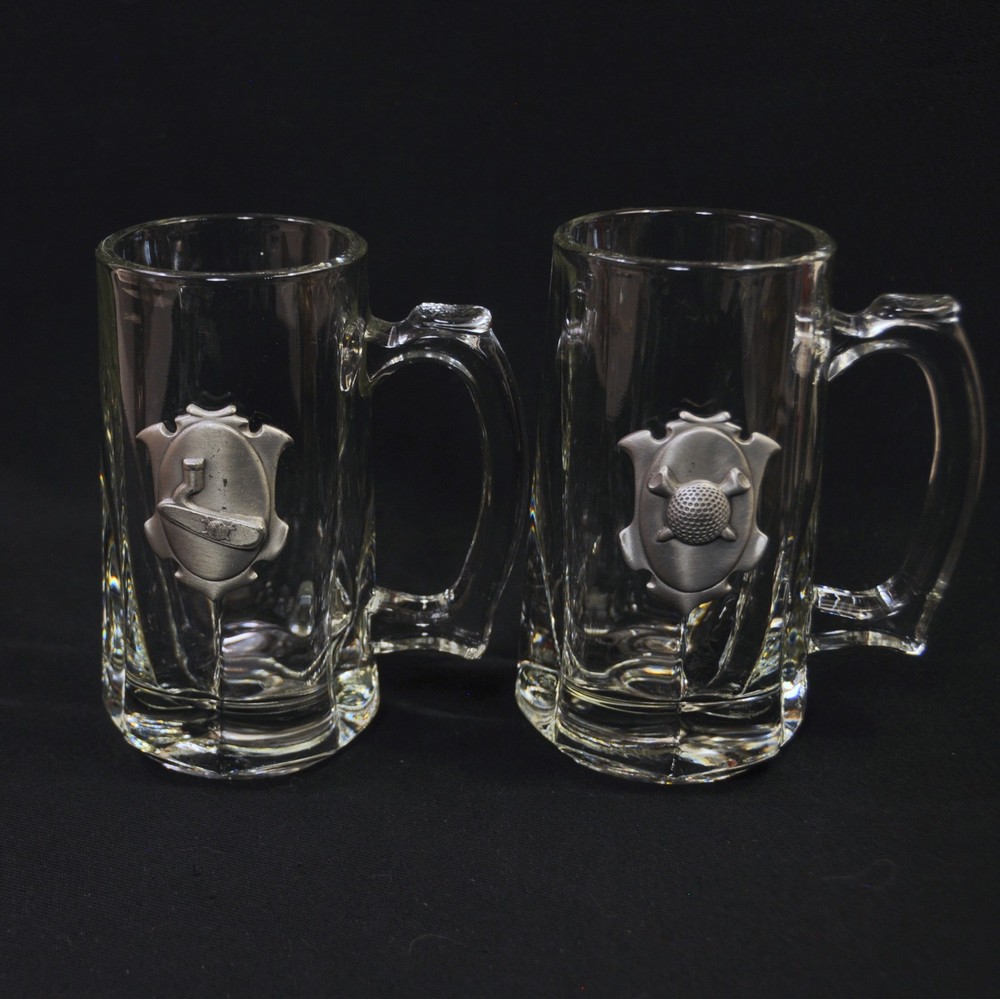 Libbey Clear Glass 2 Mugs Golf Theme Pewter Medallion 12 Ounces 5 7/8″ Tall HTF