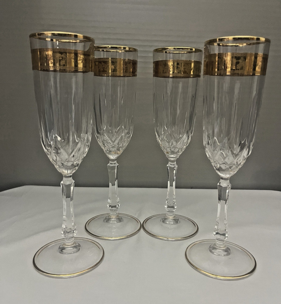 Beautiful VTG Set of 4 Cut Crystal Champagne Flutes w/Gold Overlay Trim 8″ H