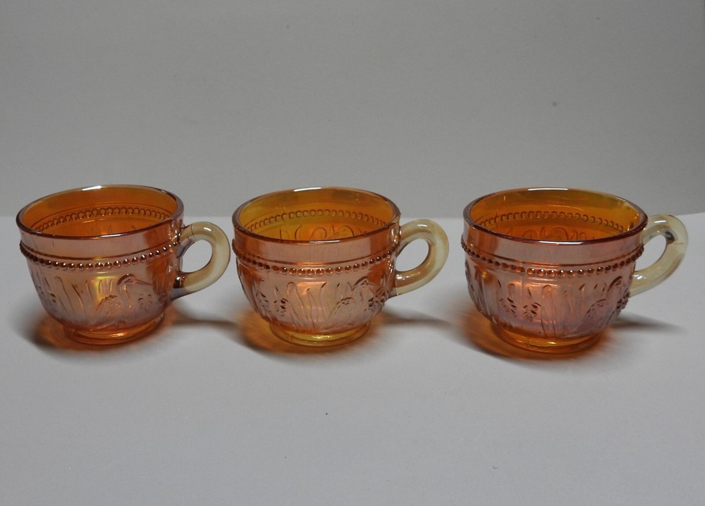 3 Dugan Stork and Rushes Marigold Carnival Glass Punch Cups Vintage Birds