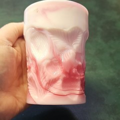 Near Cut Pink and White strawberry Tumbler Glass, Round Impressed Backstamp