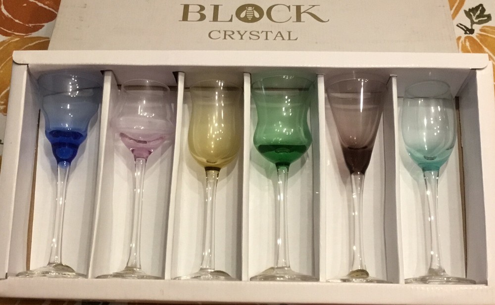 New BLOCK Crystal Mouth Blown Kaleidoscope Cordials Set of 6 Hand Cut & Polished