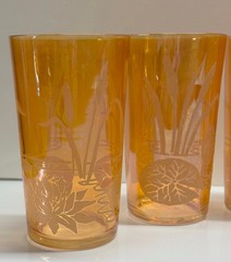 Vintage 6 Marigold Iridescent Glass Tumblers w/Cattails & Lilly Pads 4 3/4″ tall