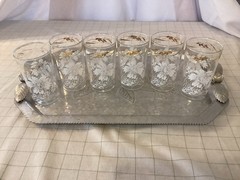 Vintage Federal Glass White Flowers And Gold Leaves Set Of 6
