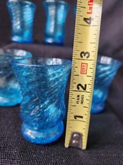 Vintage Mid Century Hand-Blown Spiral Swirl Blue Glasses 6 Mini Small 3″ Footed