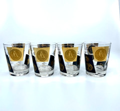 Vintage MCM Cera 22K Gold Black Coin Cocktail Old Fashioned Rocks Glass Set 4