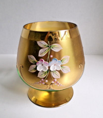 Bohemian Glass Hand Painted Enameled Flowers Gilt Gold Brandy Snifter, Set of 2
