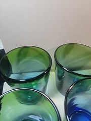 6 Blown Glass Tumblers Green And Cobalt Blue 3.5″ Each