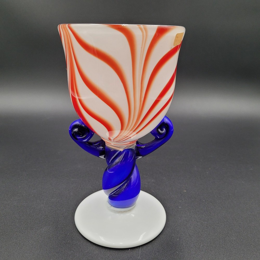 Hand Blown Art Glass Goblet Red White and Blue 7.5″ Tall