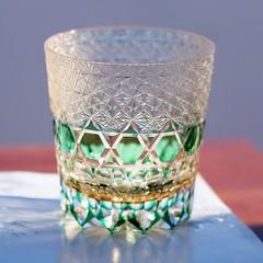Edo Kiriko 11oz Green Vintage Hand Cut Crystal Glass Premium Whiskey Tumbler Bar