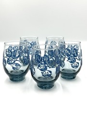 Vintage Libbey Eventide Blue Leaf Juice Glasses Set of 5 Aqua Base Mid Century