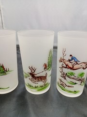 Libbey Rare Vintage Frosted Hunt Fish Bird Dog Tumbler Glasses 10 oz Lot Of 5