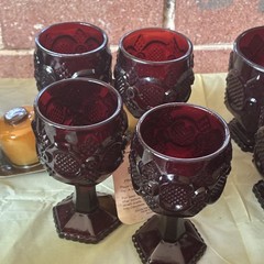 Burgundy Pressed Glass Drinkware Set Goblets Mugs Tumblers Cups & Saucers