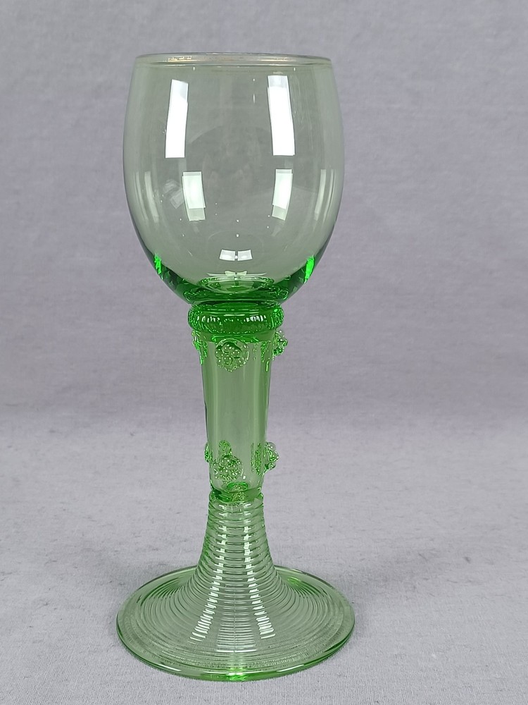 German Bohemian Blown Green Glass & Gilt 6 5/8 Inch Roemer Hock Wine Glass