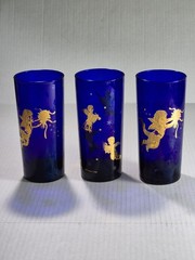 Set/3 Culver Co Angels & Cherubs 13z Colbalt Blue Highball Glasses 22 Karat Gilt