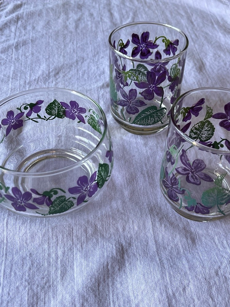 Vintage Mid-Century Libbey Glass Purple Violets Set – 2 Juice Glasses & 1 Bowl