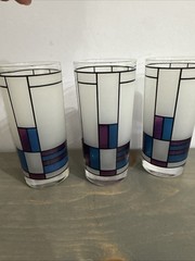 THREE TALL FROSTED BEVERAGE & ICED TEA GLASSES FLW STYLE TEAL PURPLE & BLACK WOW