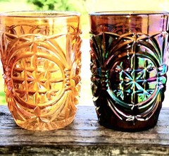 CARNIVAL GLASS Blue & marigold Britt Tumblers by KARHULA of Finland hard to find