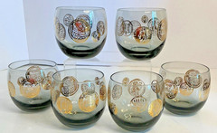 Vintage Mid-Century Lowball Glasses Set of 6 Coin Design 22K Gold Accents Smoky