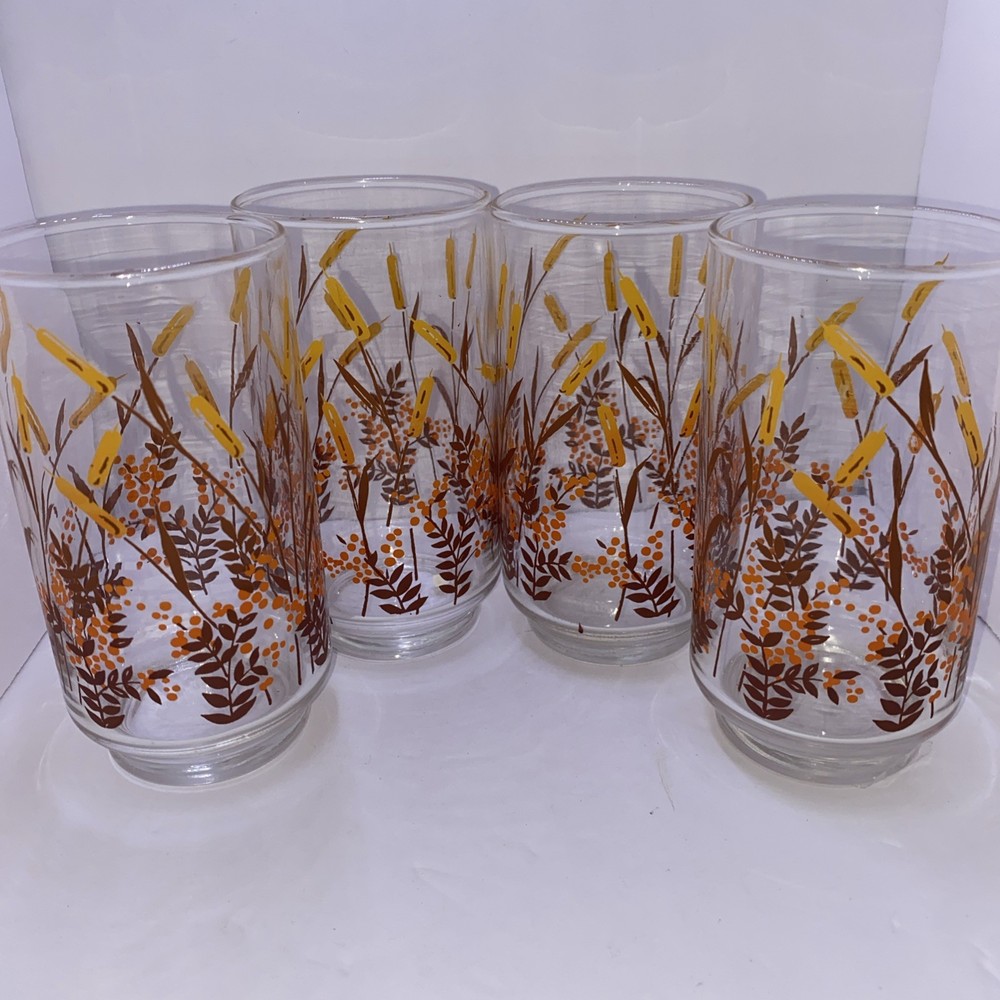🌹Four (4) Vintage Libbey Drinking Glasses. Cane Flower With Orange Flower