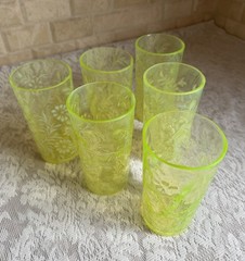 Antique Northwood Daisy Fern Vaseline Uranium Glass Tumblers Set 6 EAPG