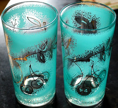 Vtg Set 2 MCM Highball/Tumbler Glasses AQUA BLUE SPATTER W GOLD FRUIT 1950s 10oz