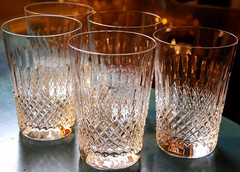 Vtg Set 5 DOUBLE OLD FASHIONED Hand Blown CLEAR CRYSTAL Glasses Xs & Oval Cuts